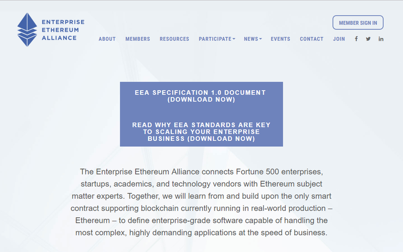 イーサリアム利用企業の国際団体、<a href="https://entethalliance.org/">Enterprise Ethereum Alliance</a>（EEA）。マイクロソフトやアクセンチュア、MUFGなど様々な企業が加盟している