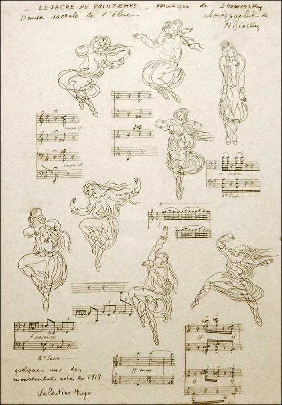 「春の祭典」のスケッチ。終盤「生贄の踊り」の場面のストラヴィンスキーによる音楽と、ニジンスキーによる振付を記している。1913年の出版物から