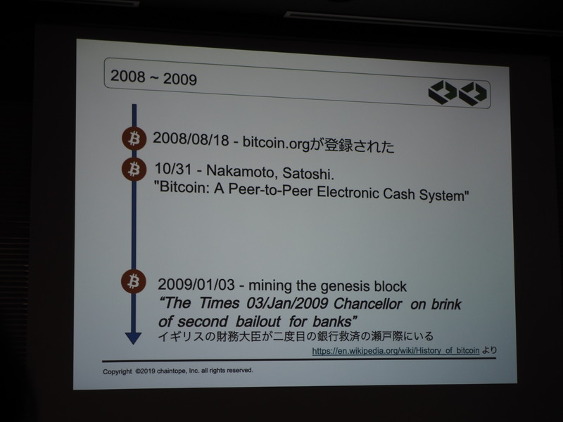 2008年8月18日、bitcoin.orgのドメイン登録。同年10月31日にサトシ・ナカモトがBitcoinの論文を発表。2009年1月にBitcoinの第1ブロック生成