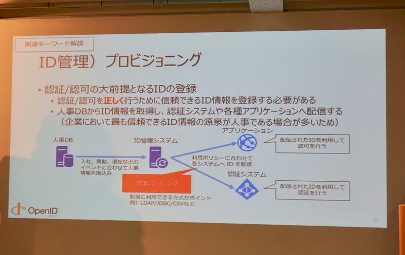 富士榮氏は、ID管理の認証/認可プロセスにおいて、「プロビジョニング」は抑えておきたいキーワードだと述べ、詳しく解説した。