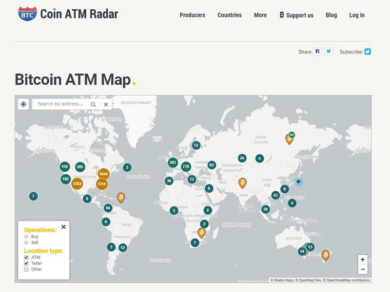 世界のビットコインATM分布図（Coin ATM Raderより引用）