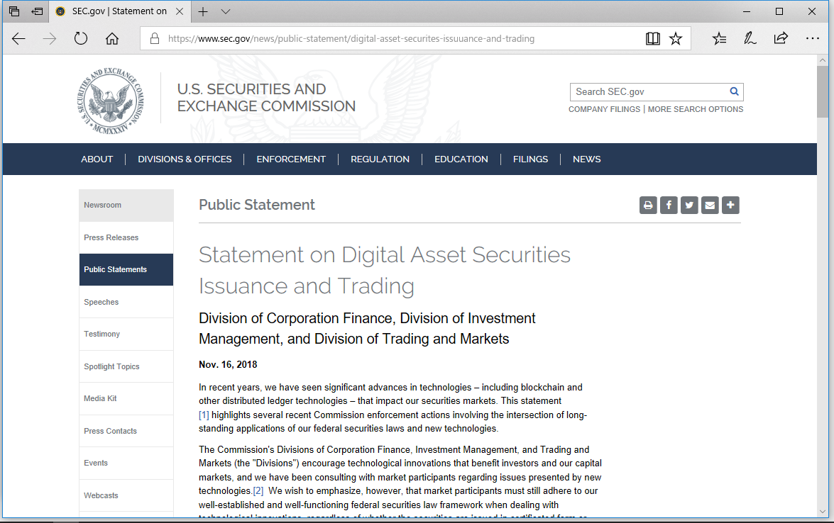 米国証券取引委員会がICOによるトークンなどデジタル資産証券は有価証券であると表明  ～新技術にかかわらず有価証券と同等の発行形態のものは連邦証券取引法を遵守すること - 仮想通貨 Watch