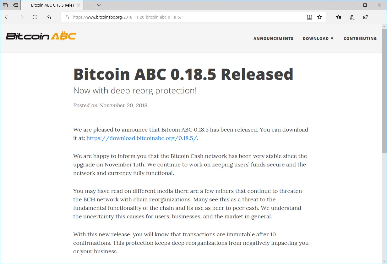Bitcoin Cashハードフォーク後にBitcoin ABCがv0.18.5を発表、新機能「deep reorg protection」を追加  ～10ブロックごとに取引記録をファイナライズする標準設定だが機能無効化も可能 - 仮想通貨 Watch